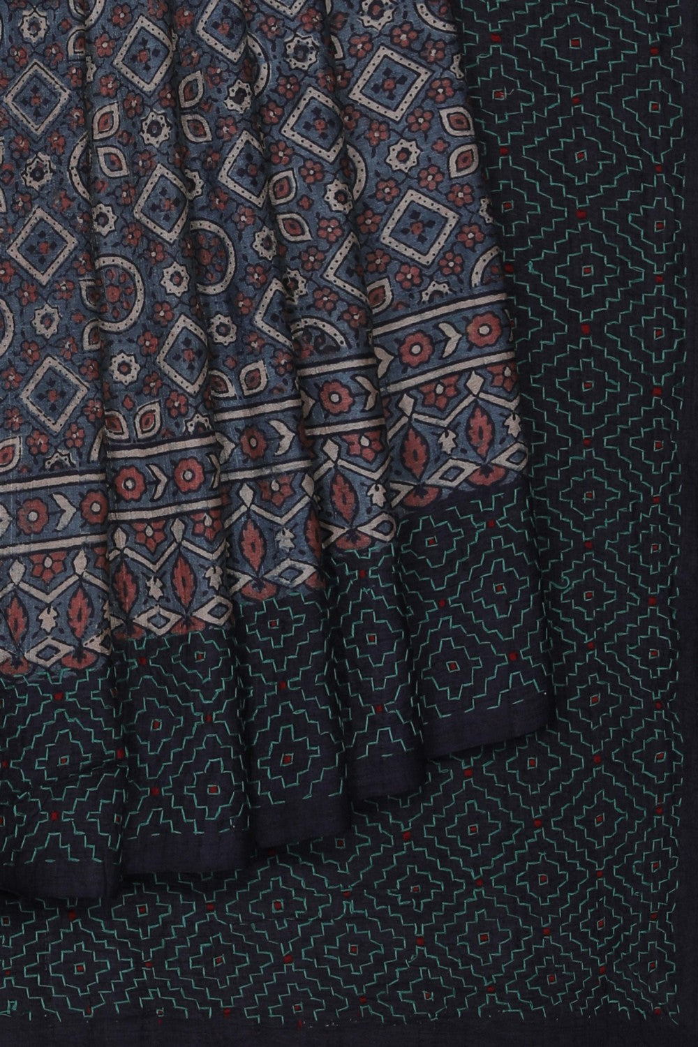Image of Ajrakh Prints Desi Tussar Moss-Green Saree
