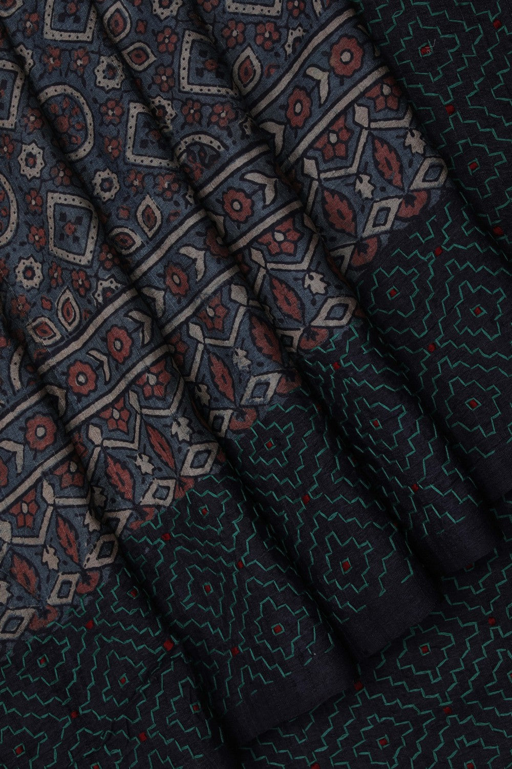 Image of Ajrakh Prints Desi Tussar Moss-Green Saree