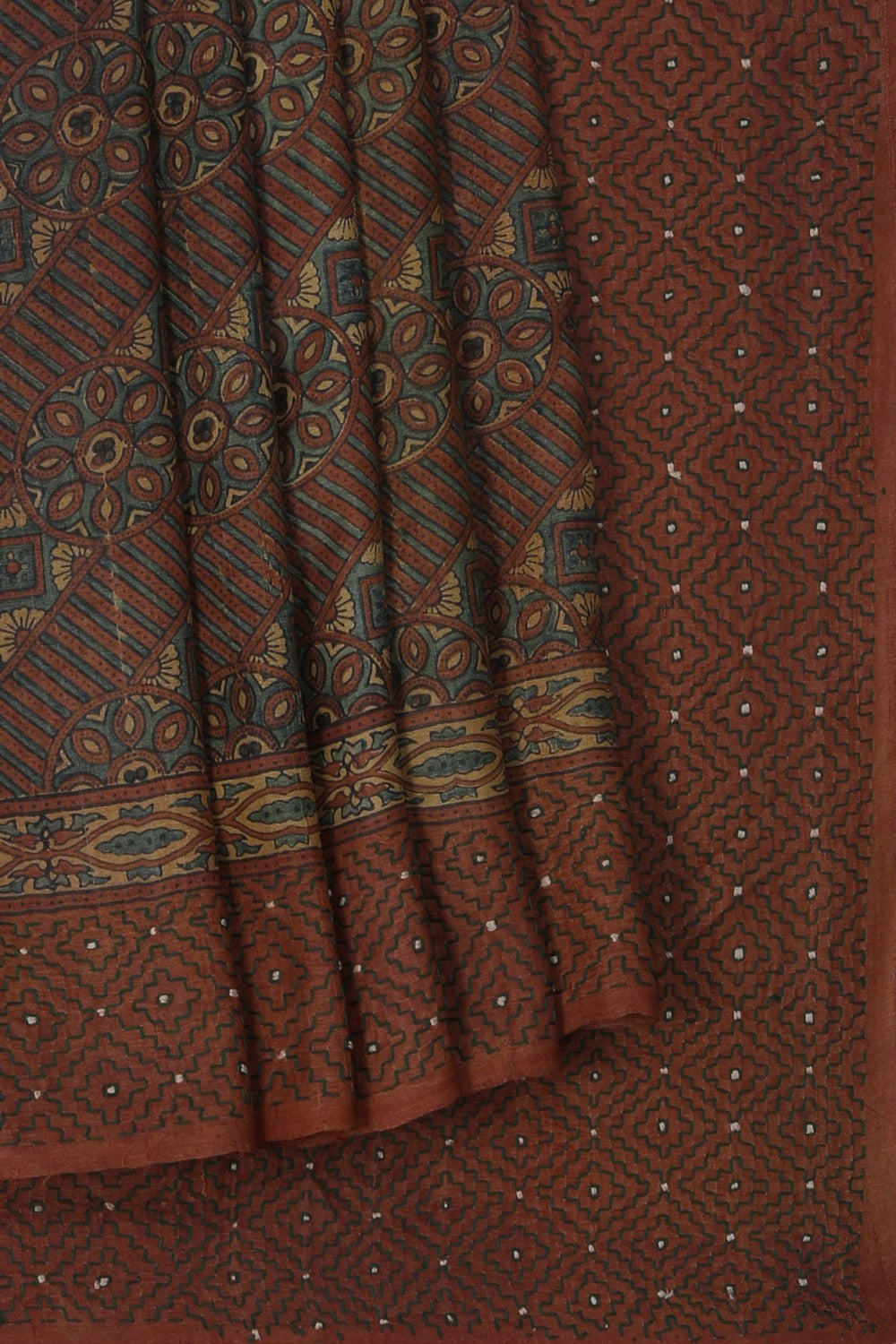 Image of Ajrakh Prints Desi Tussar Silk Saree