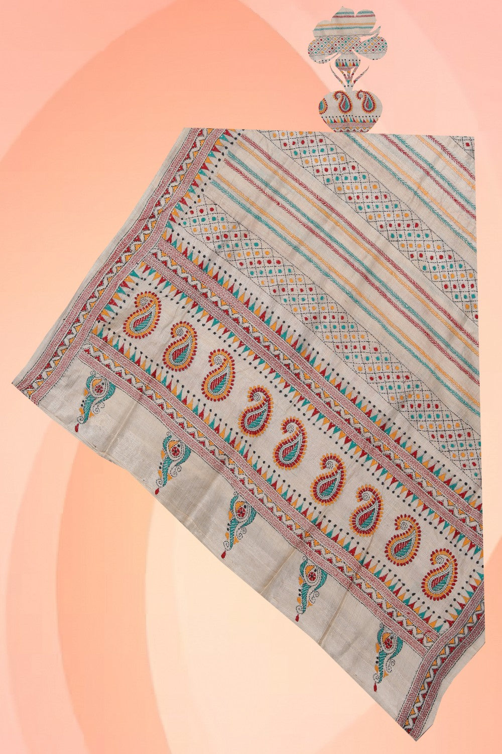 Collection of Kantha Embroidery Tussar Silk Dupatta in a gallery layout