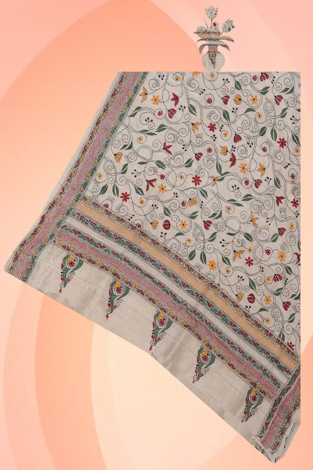 Collection of Kantha Embroidery Tussar Silk Dupatta in a gallery layout