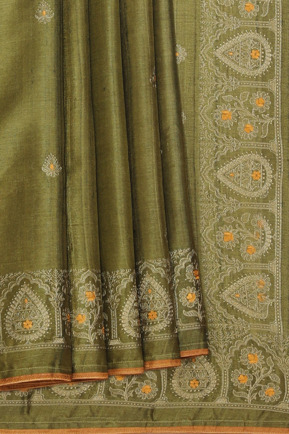 Collection of Gorgeous Thread Embroidery Moss Green Saree in a gallery layout