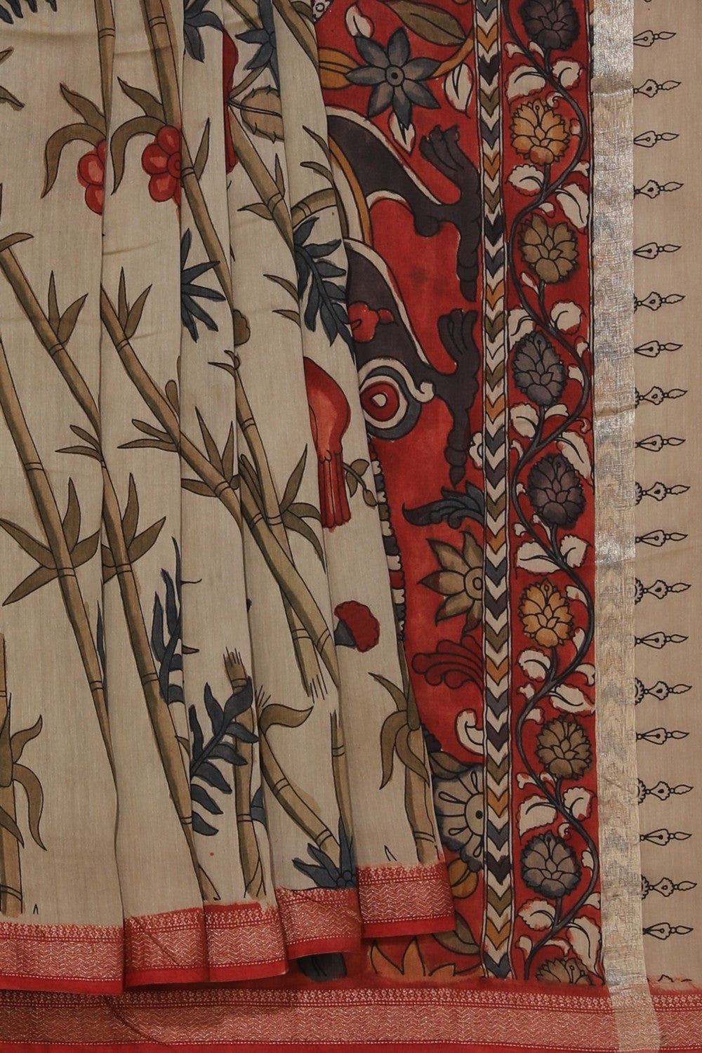 Collection of Kalamkari Hand-Painted Beige Saree in a gallery layout