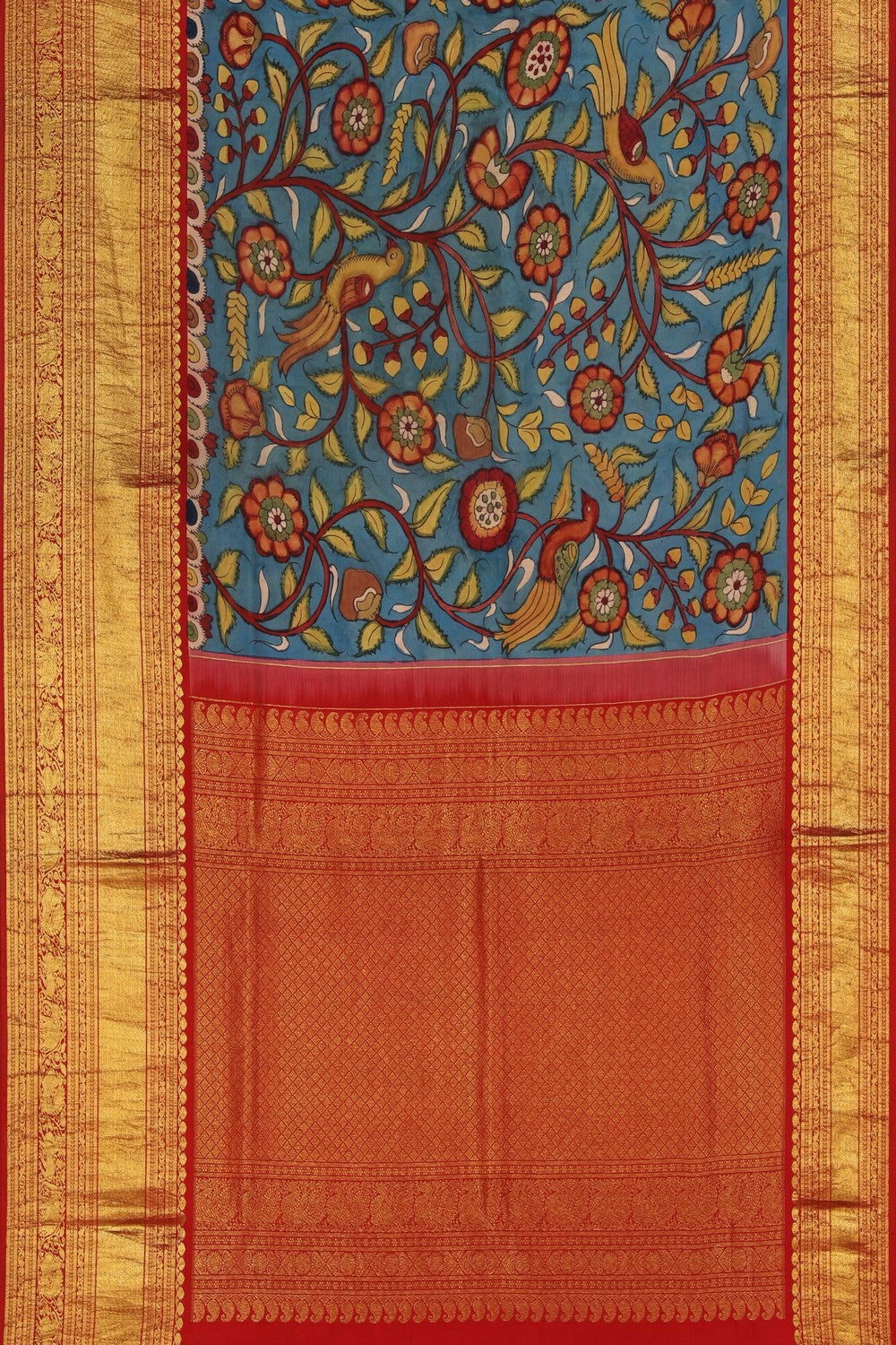 Kalamkari Hand-Painted Silk Blue Saree