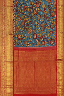 Image of Kalamkari Hand-Painted Silk Blue Saree