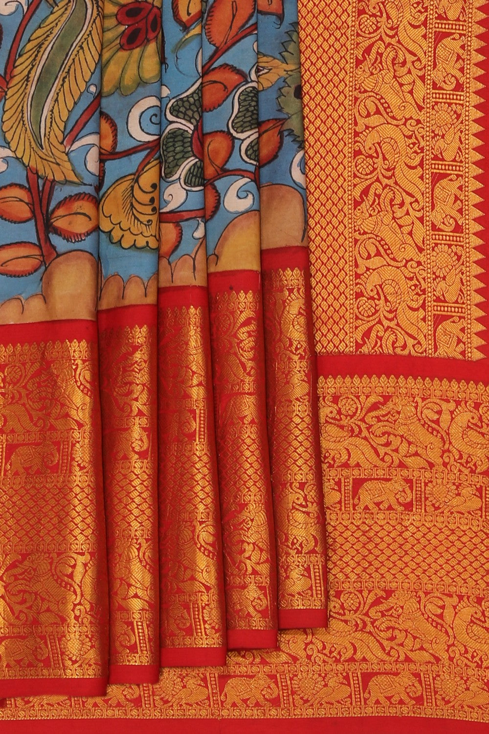 Kalamkari Hand-Painted Silk Blue Saree