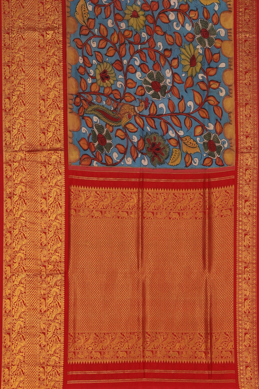 Kalamkari Hand-Painted Silk Blue Saree