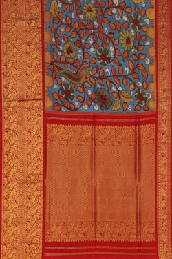 Image of Kalamkari Hand-Painted Silk Blue Saree