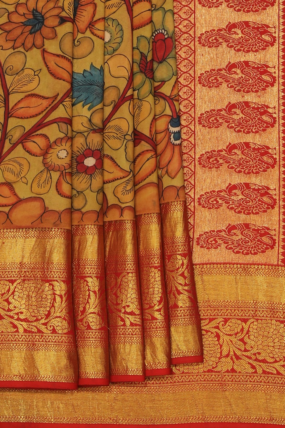 Kalamkari Hand-Painted Silk Beige Saree