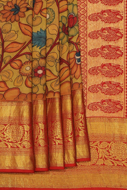 Image of Kalamkari Hand-Painted Silk Beige Saree