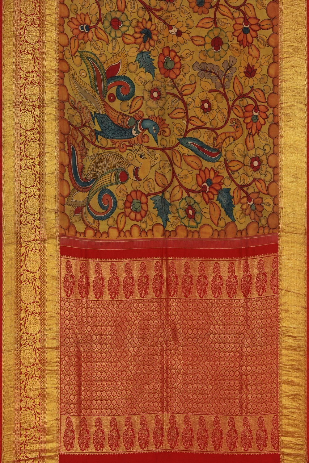 Kalamkari Hand-Painted Silk Beige Saree