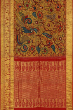 Image of Kalamkari Hand-Painted Silk Beige Saree