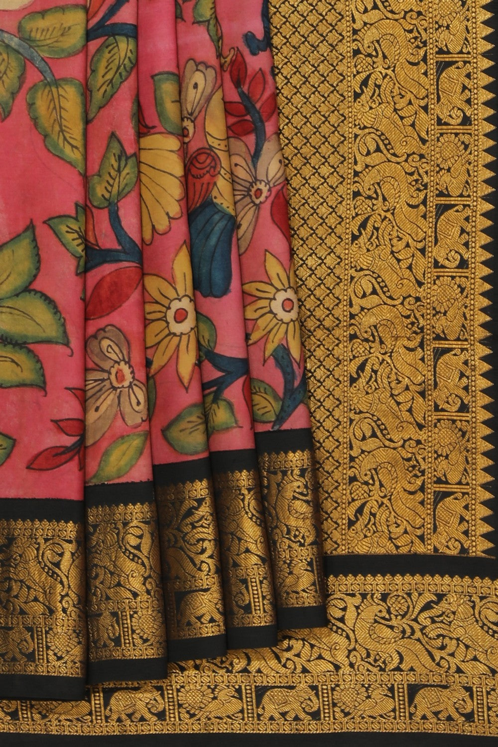 Kalamkari Hand-Painted Silk Pink Saree