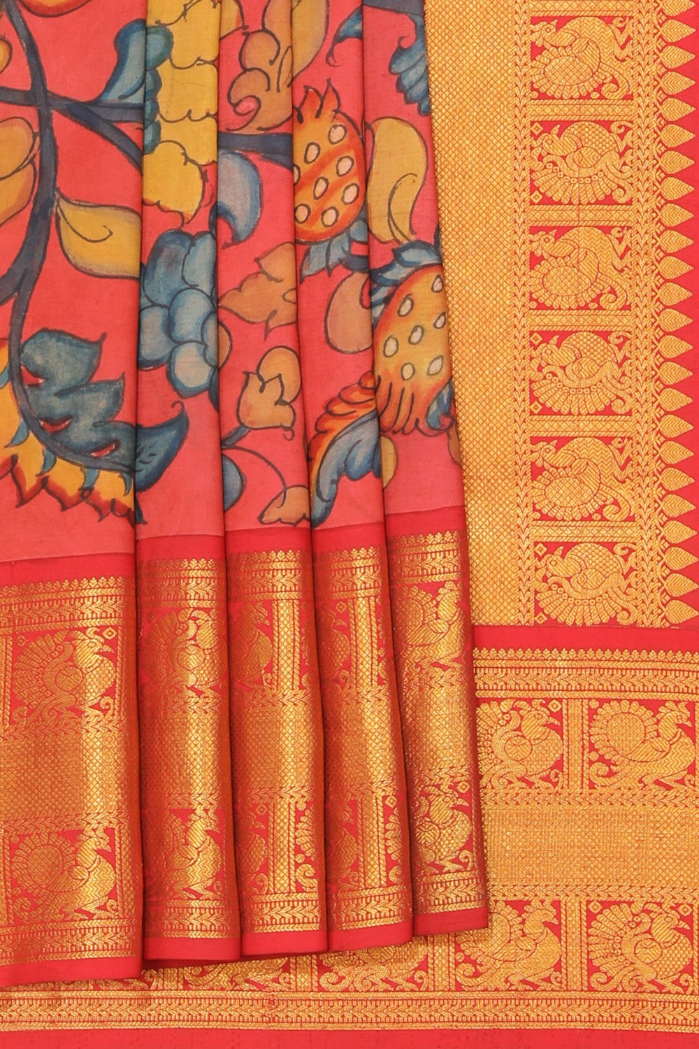 Kalamkari Hand-Painted Silk Coral Pink Saree