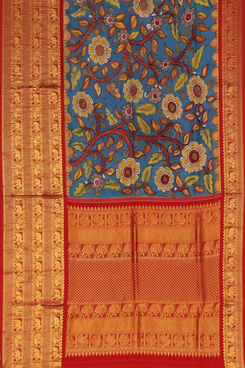 Kalamkari Hand-Painted Silk Blue Saree