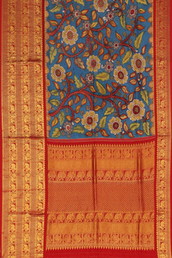 Image of Kalamkari Hand-Painted Silk Blue Saree