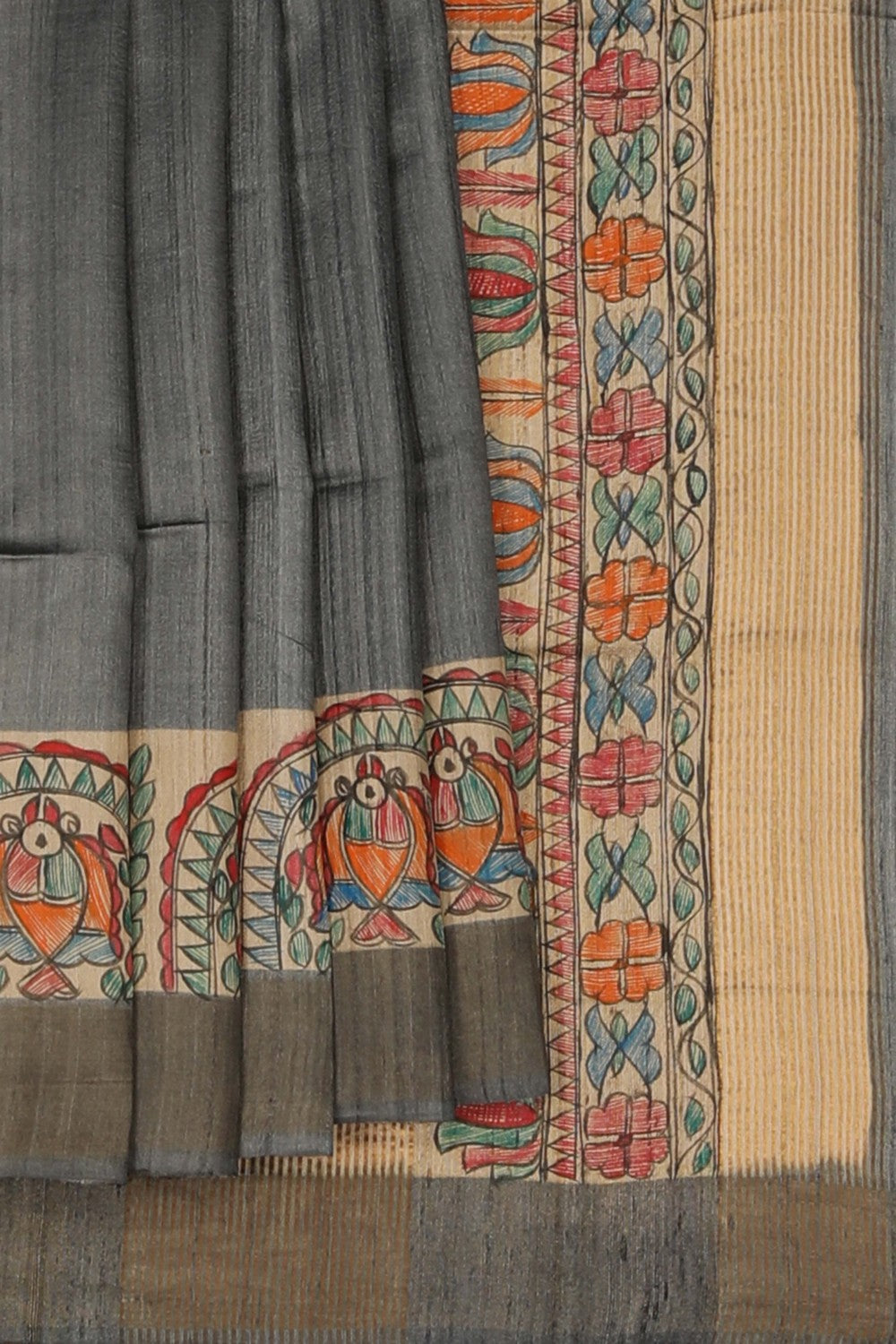 Image of Madhubani Tussar Silk Grey Saree
