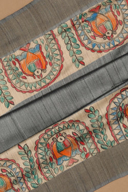 Image of Madhubani Tussar Silk Grey Saree
