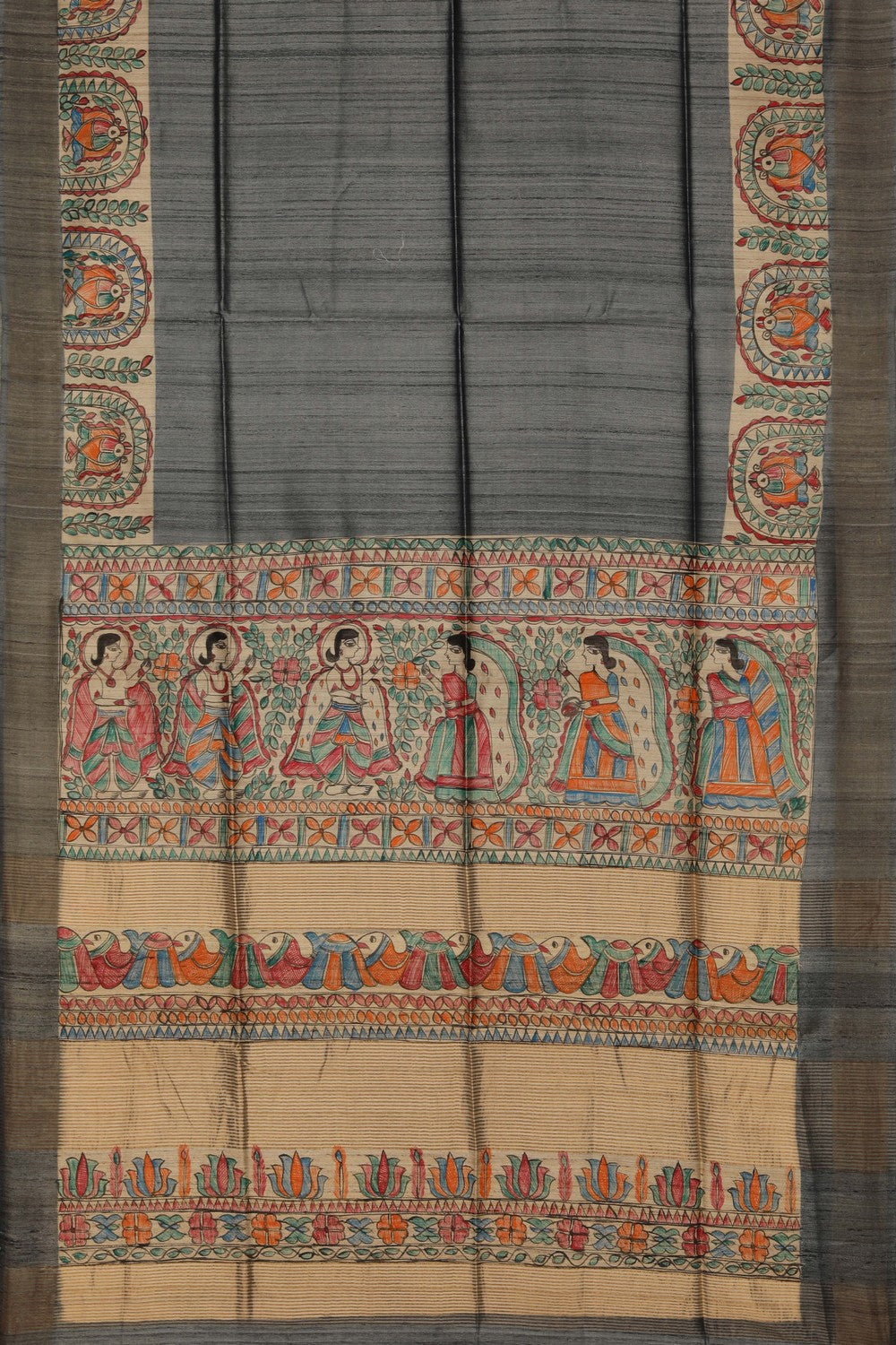 Image of Madhubani Tussar Silk Grey Saree