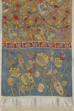 Image of Kalamkari Hand-Painted Mangalgiri Silk Saree