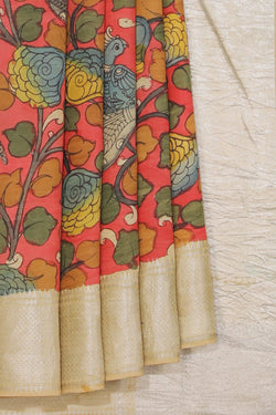 Image of Kalamkari Hand-Painted Mangalgiri Silk Saree