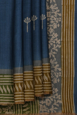 Image of Bhagalpur Tussar Silk Teal Blue Saree