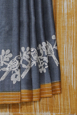 Image of Bhagalpur Tussar Silk Grey Saree