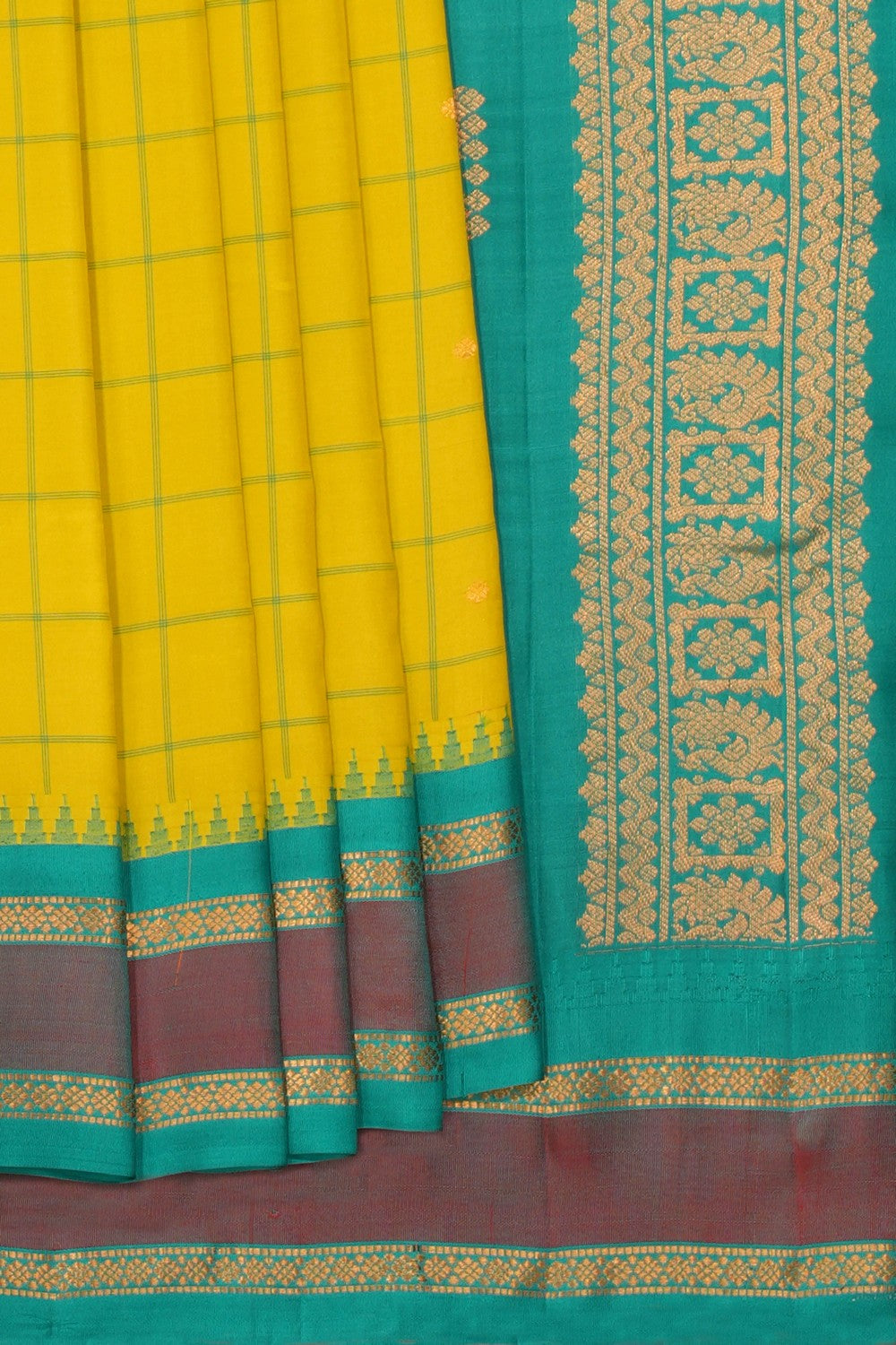 Gadwal Silk Spring-Green Kattam Saree