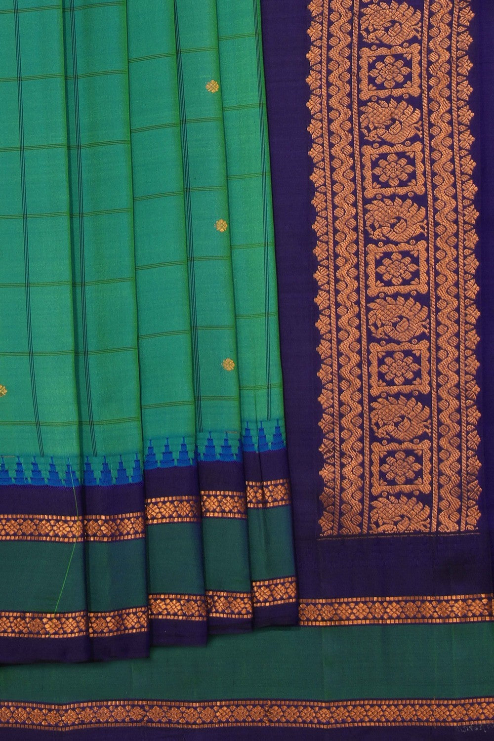 Gadwal Silk Teal Green Kattam Saree