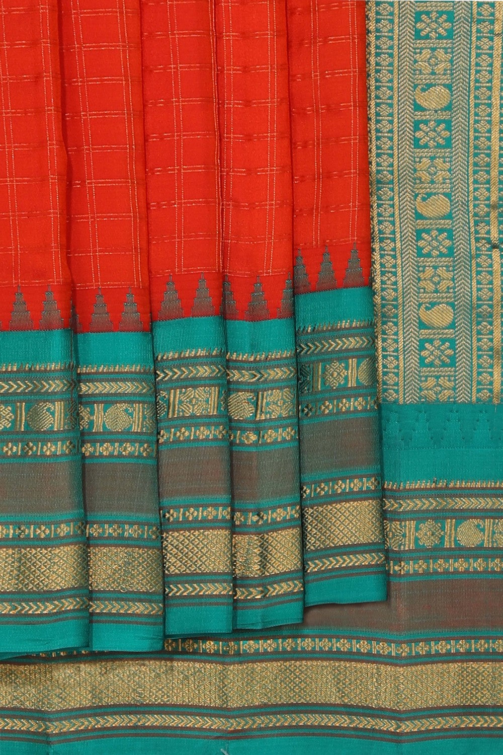 Image of Gadwal Silk Red Kattam Saree