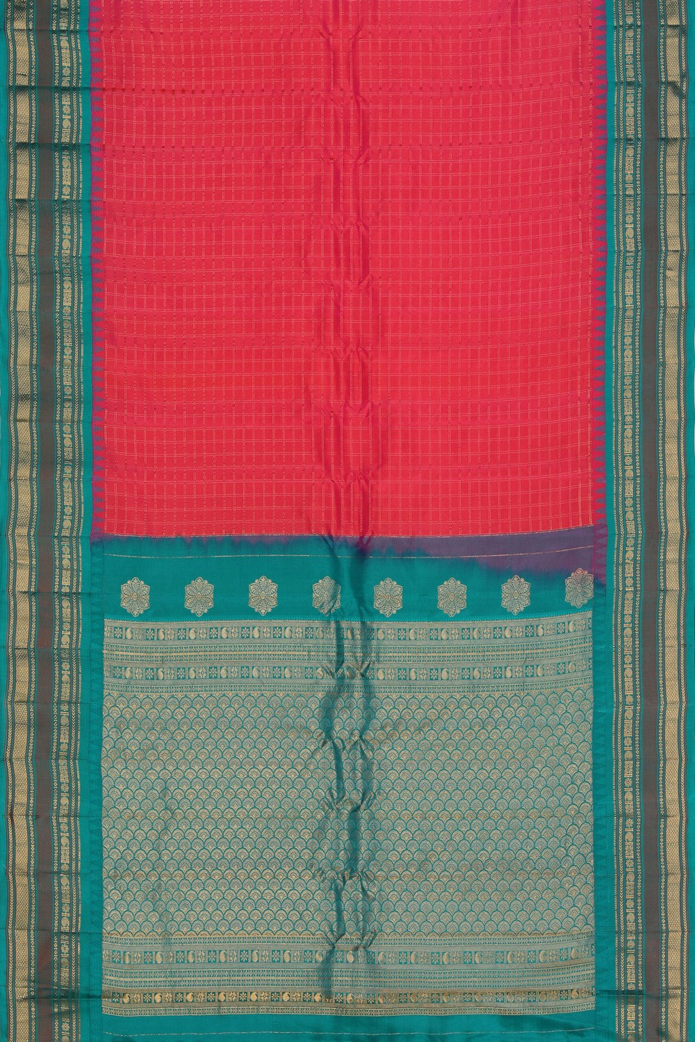Image of Gadwal Silk Fuchsia-Pink Kattam Saree