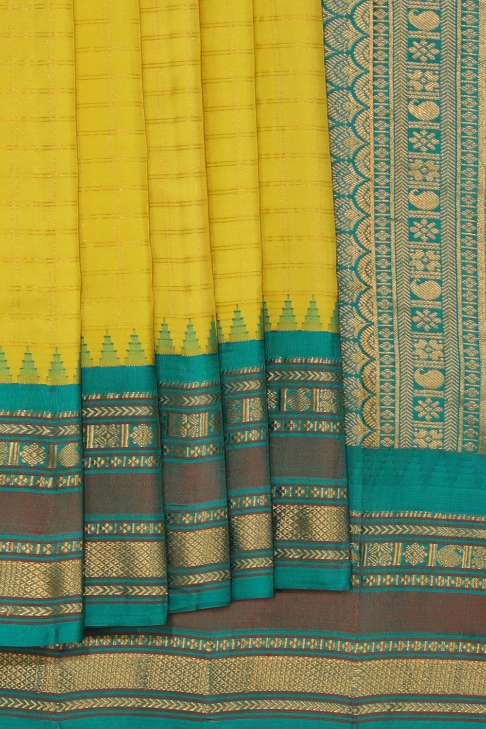 Gadwal Silk Spring Yellow Kattam Saree