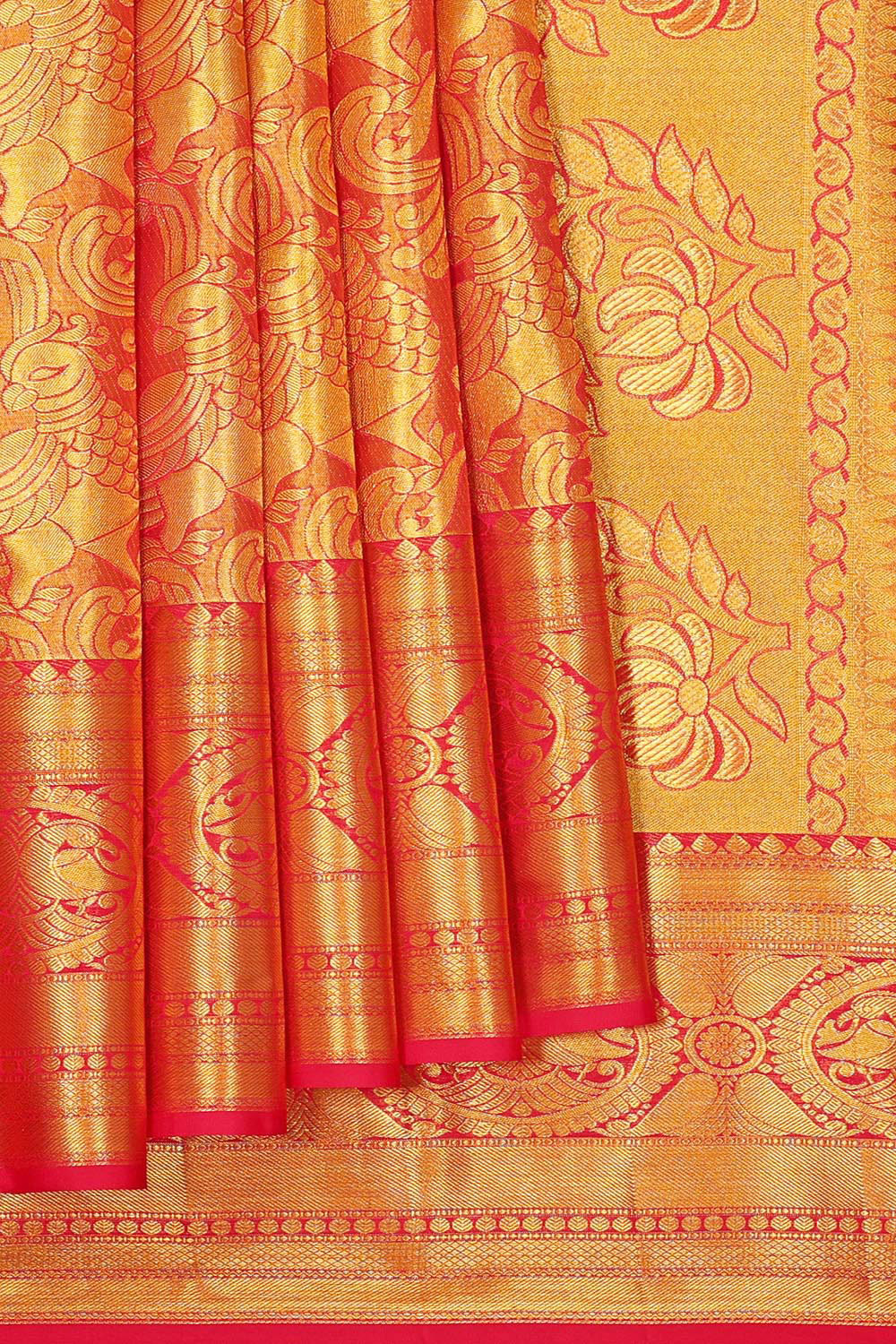 Kanchipattu Golden Red Tissue Brocade Saree