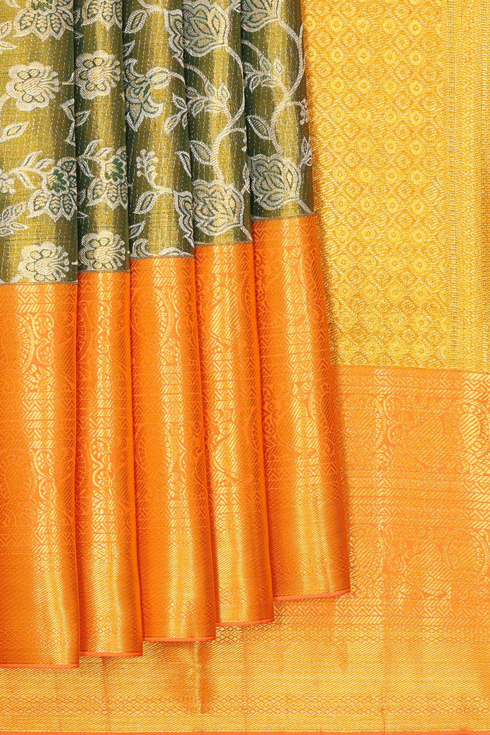 Kanchipattu Olive Green Tissue Brocade Saree