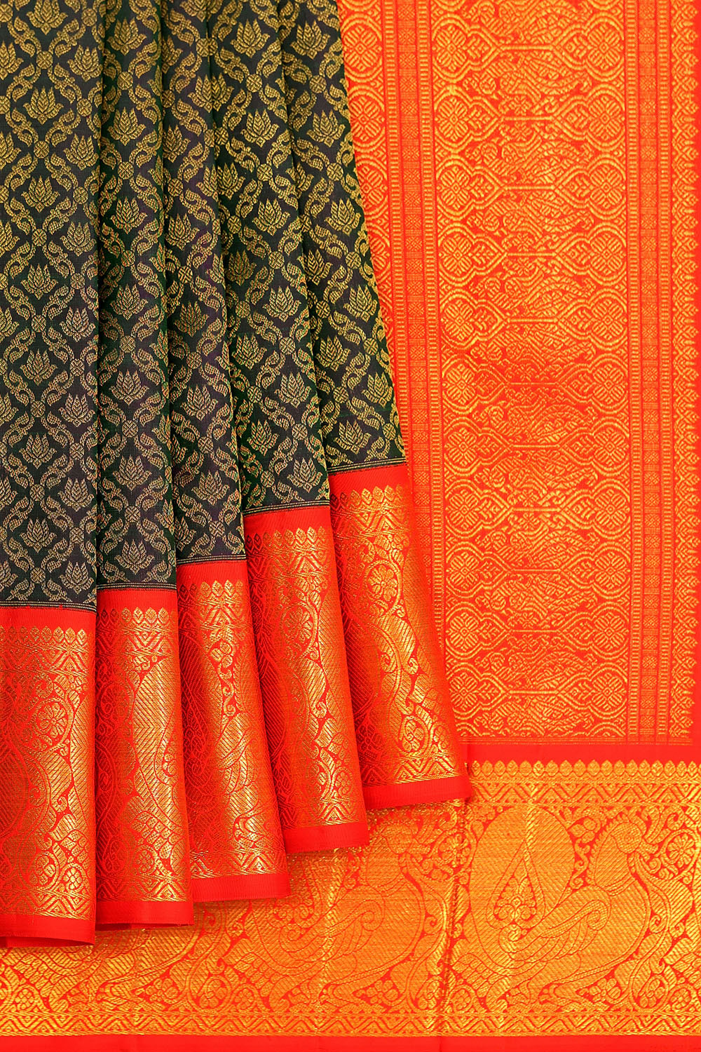 Image of Kanchipattu Dark Bottle Green Brocade Saree