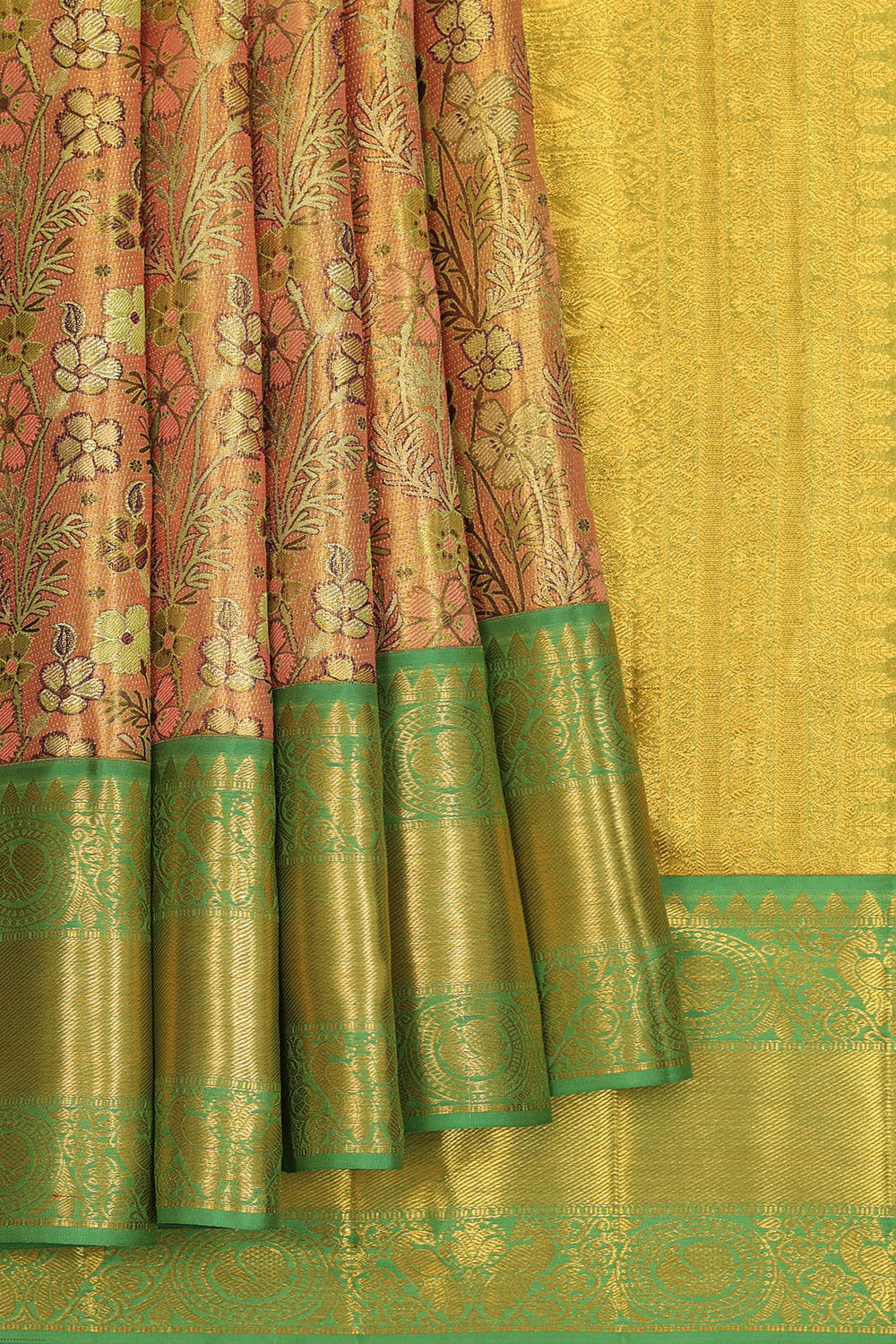 Image of Kanchipattu Golden Pink Tissue Brocade Saree