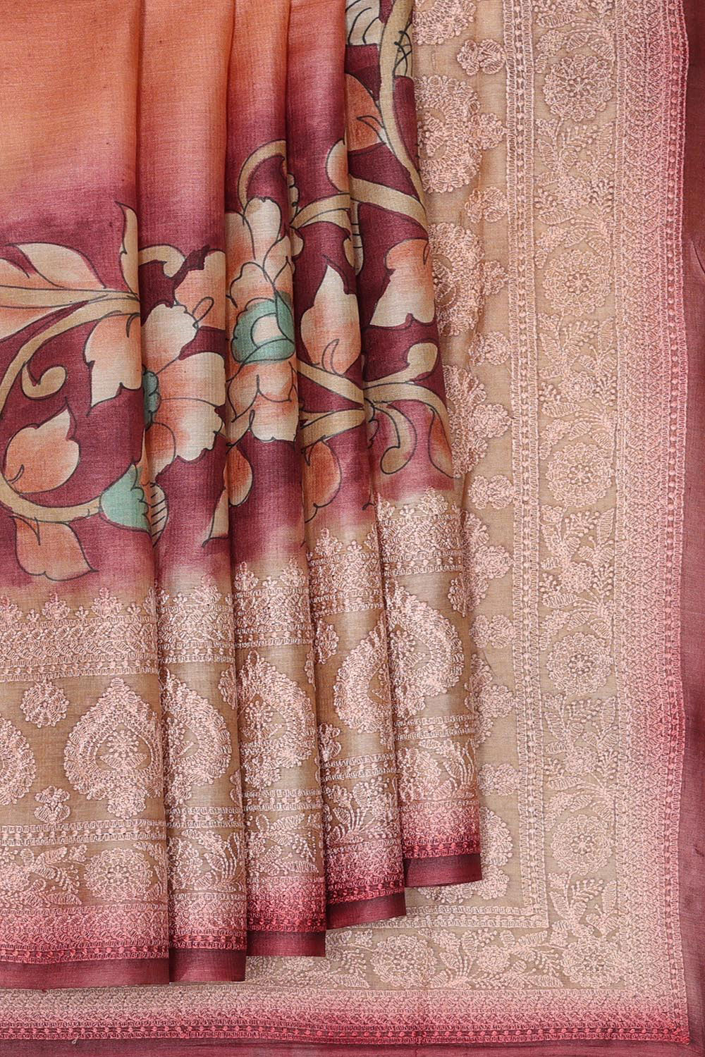 Printed Tussar Silk Wine Saree