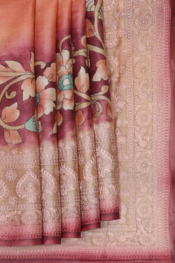 Image of Printed Tussar Silk Wine Saree