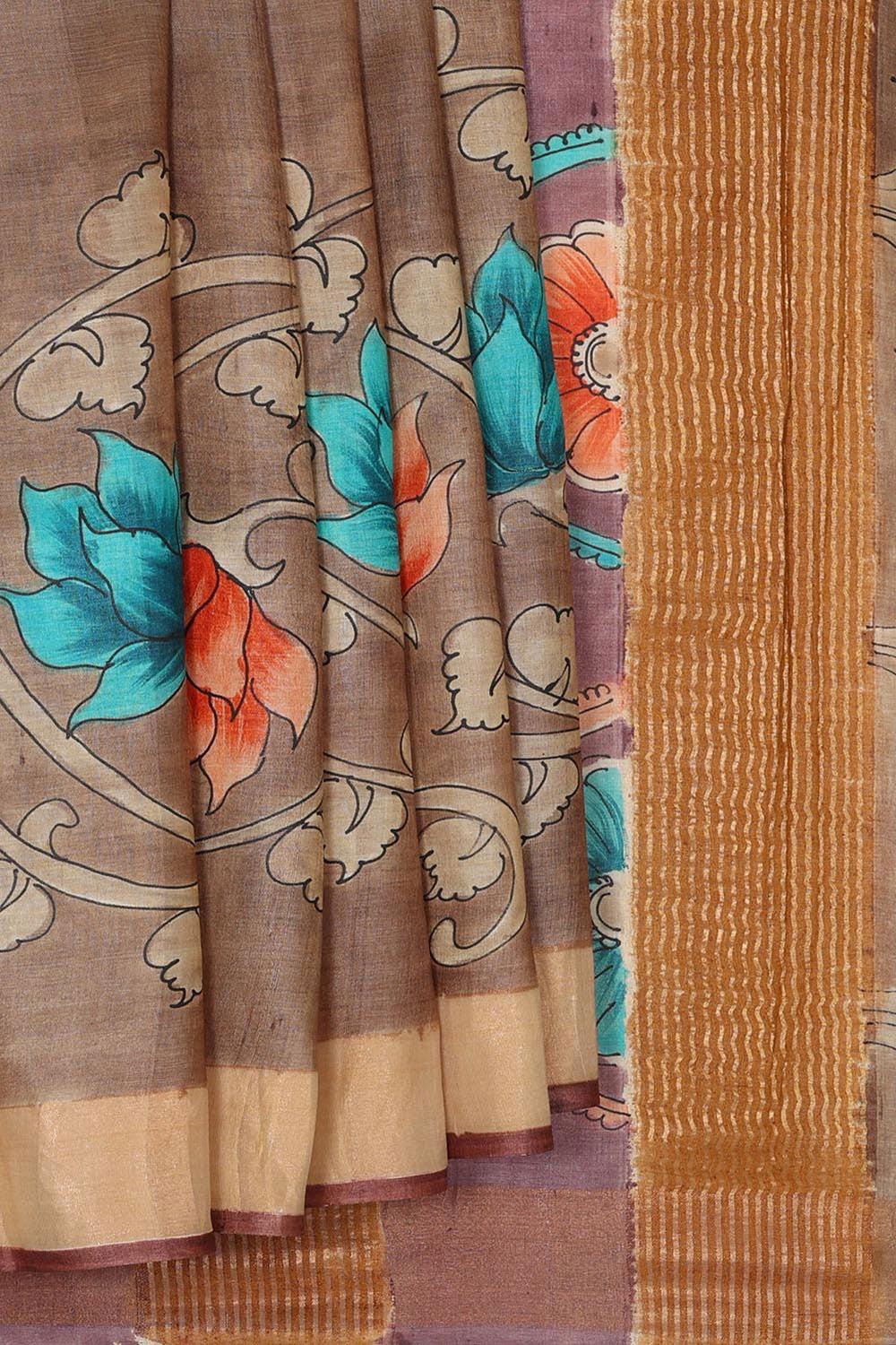 Printed Tussar Silk Creamy Brown Saree