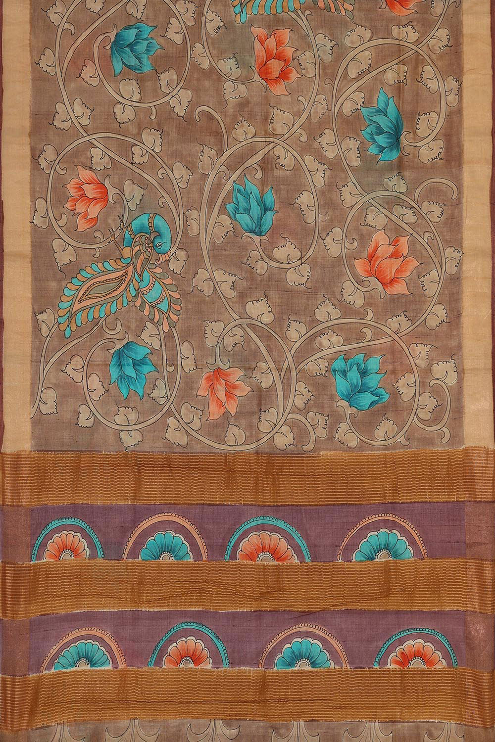 Printed Tussar Silk Creamy Brown Saree