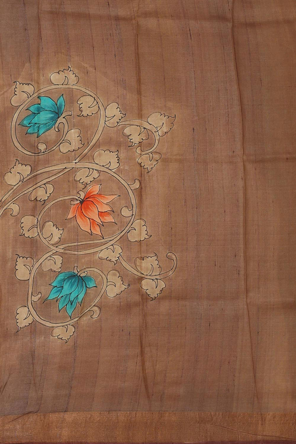 Printed Tussar Silk Creamy Brown Saree