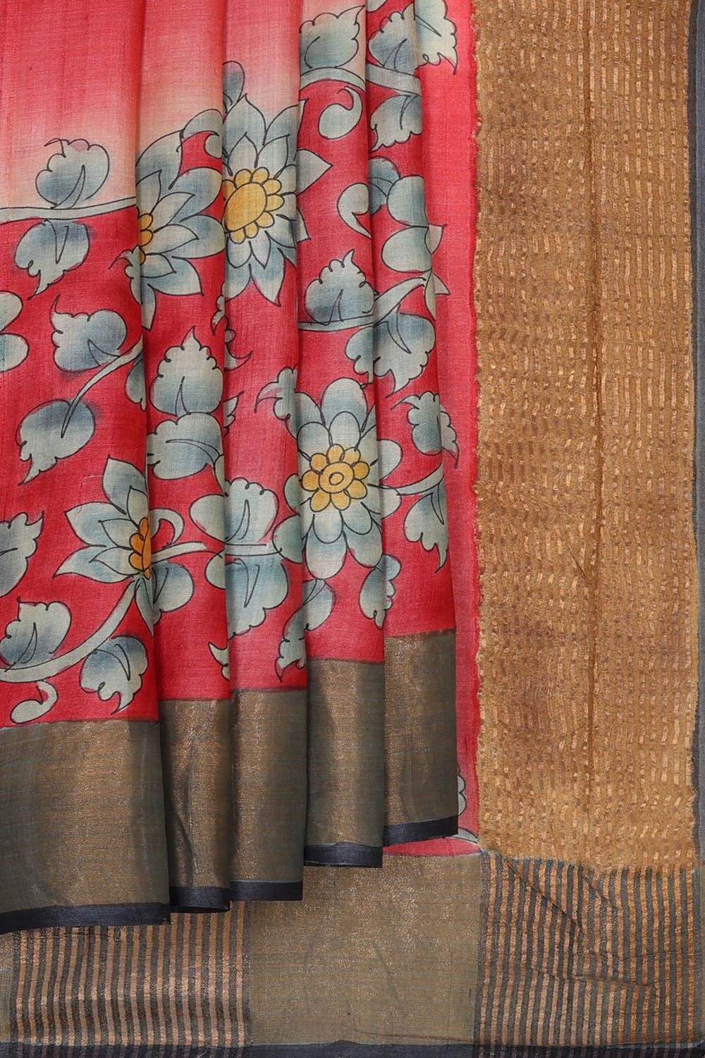 Printed Tussar Silk Pinkish Red Saree