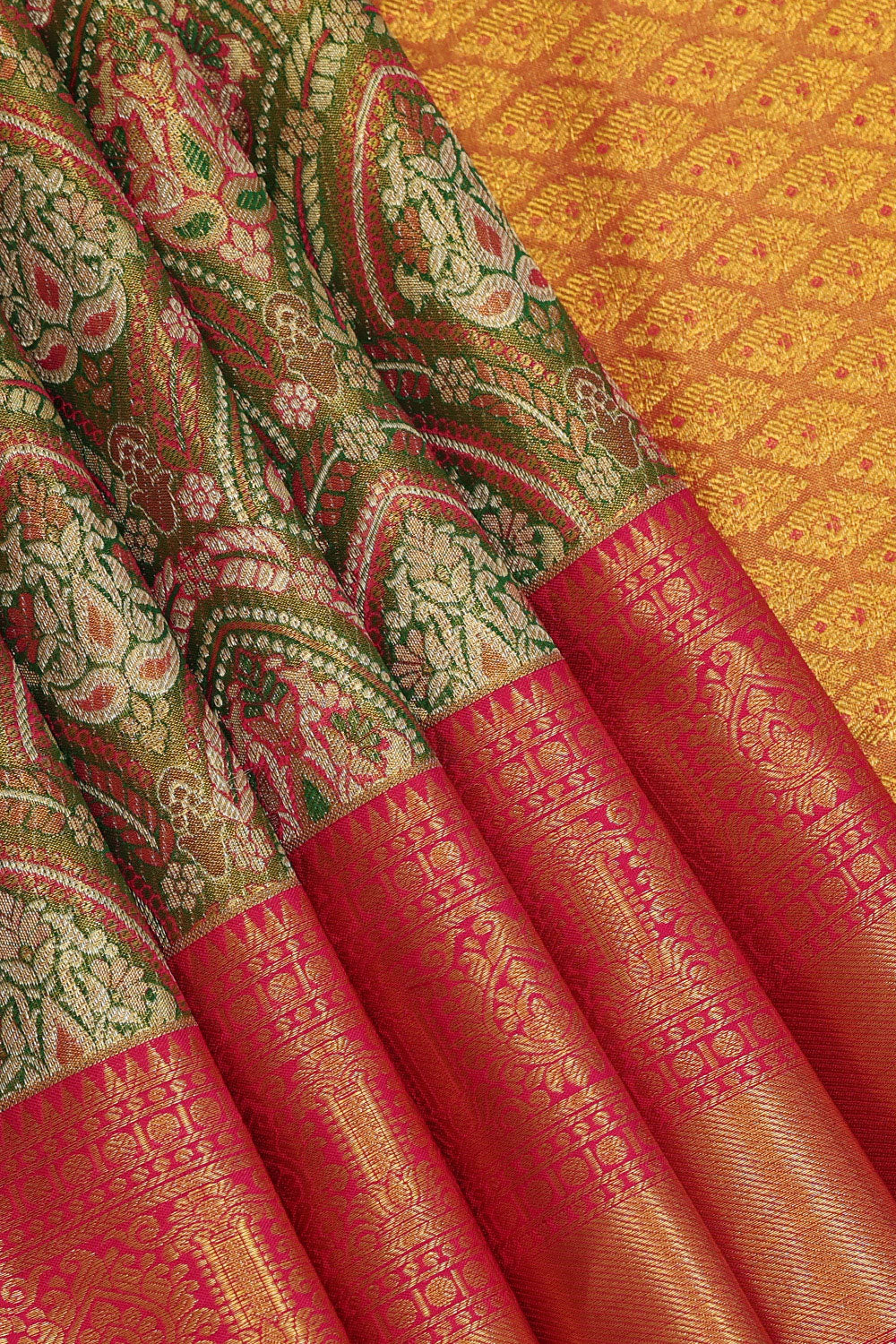 Collection of Kanchipattu Gold-Tissue Green Saree in a gallery layout