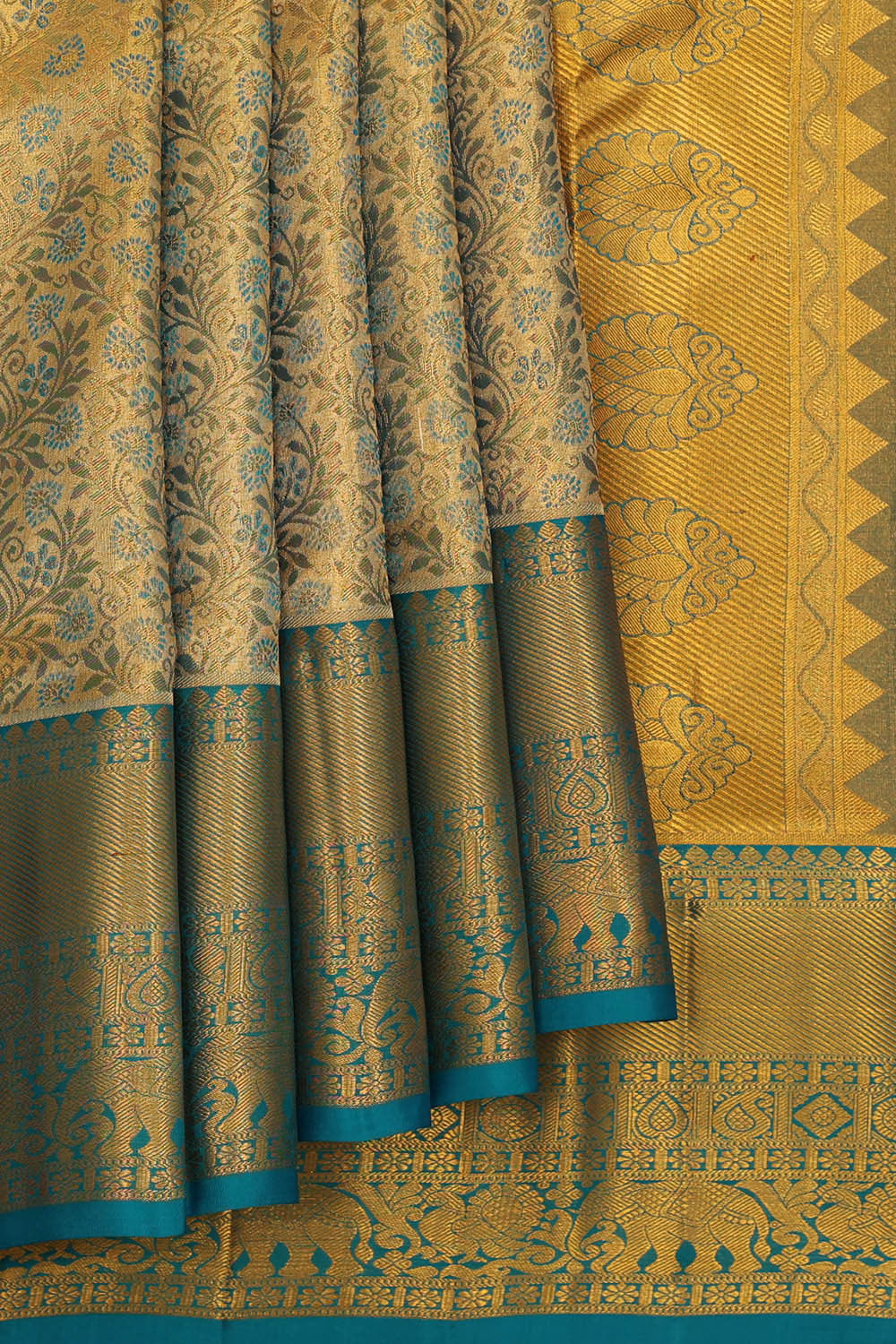 Collection of Kanchipattu An Ethereal Gold-Blue Saree in a gallery layout