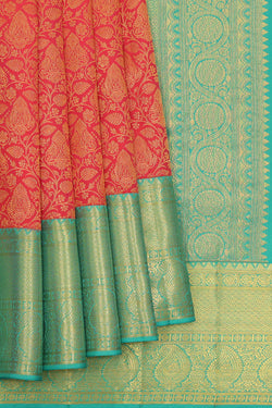 Collection of Kanchipattu Coral-Red Saree in a gallery layout