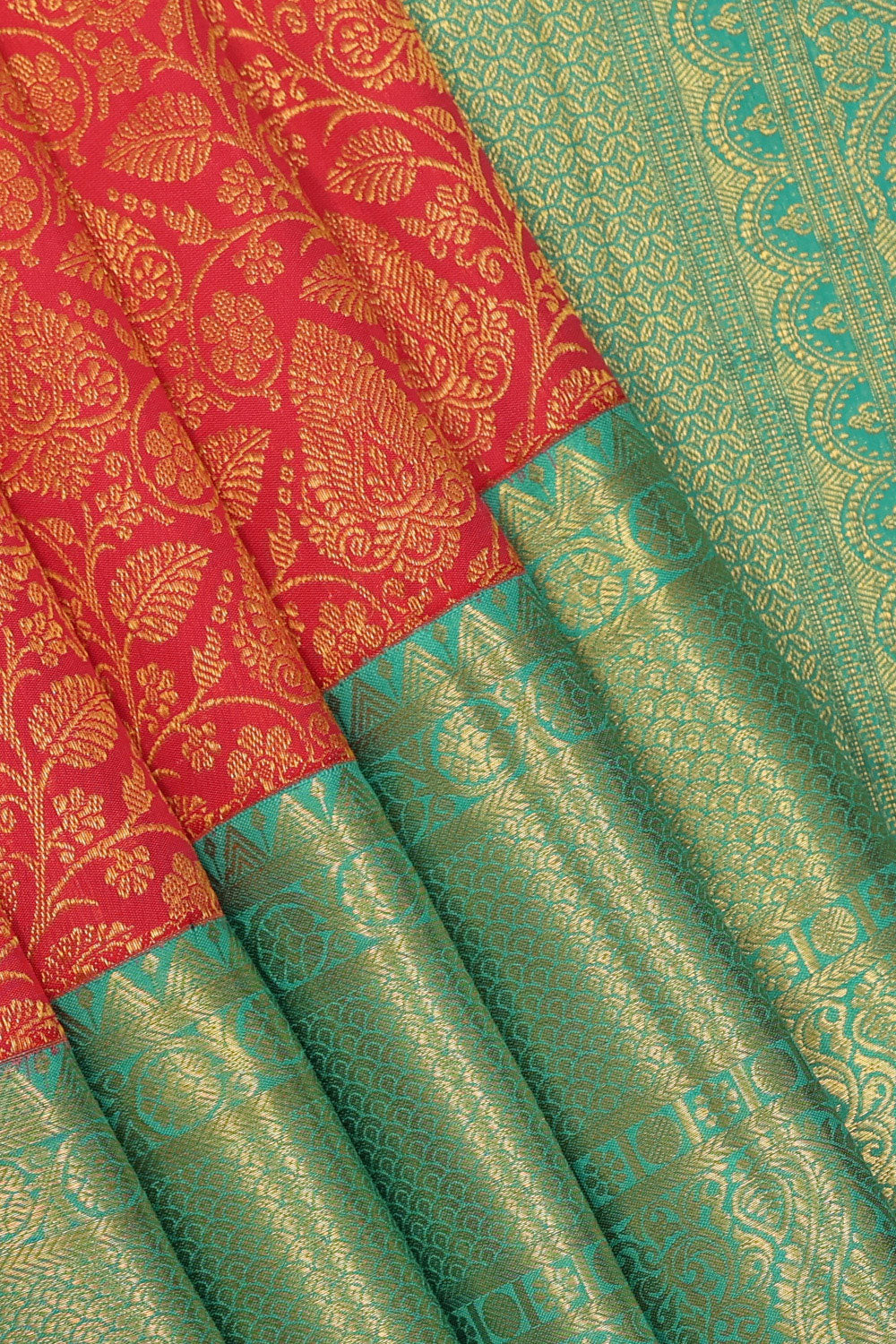 Collection of Kanchipattu Coral-Red Saree in a gallery layout