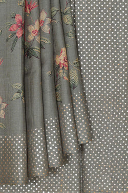 Collection of Grey Tussar Silk Saree With Flower Print in a gallery layout