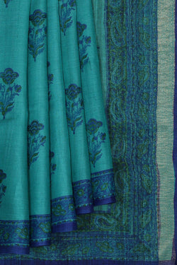 Collection of Aqua-Blue Tussar Silk Mughal Flower Print Saree in a gallery layout