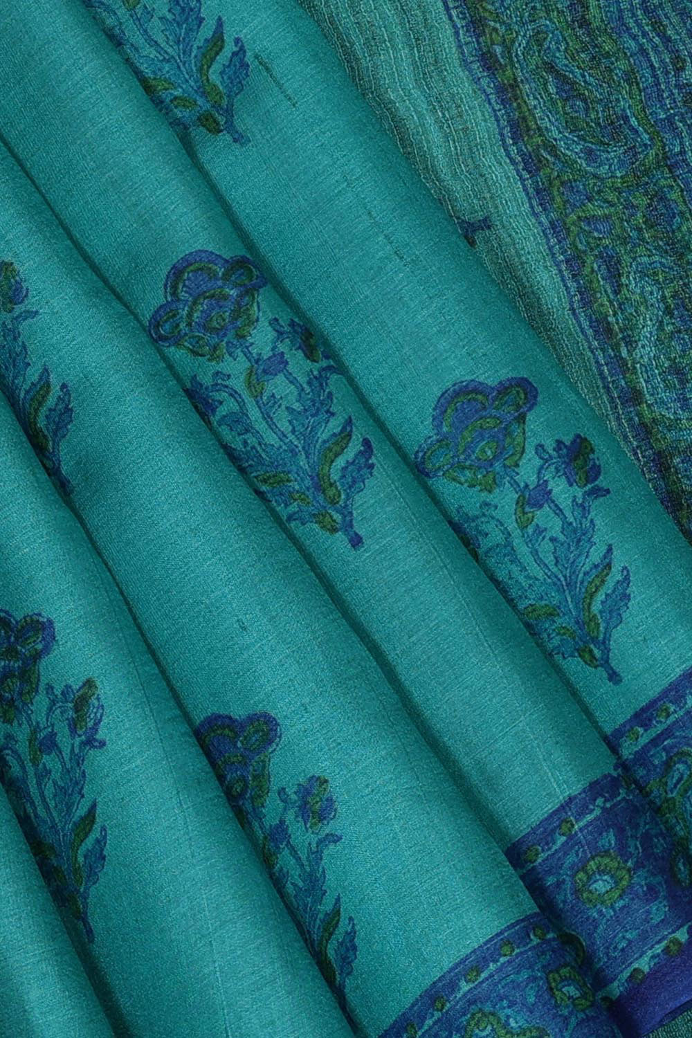 Collection of Aqua-Blue Tussar Silk Mughal Flower Print Saree in a gallery layout