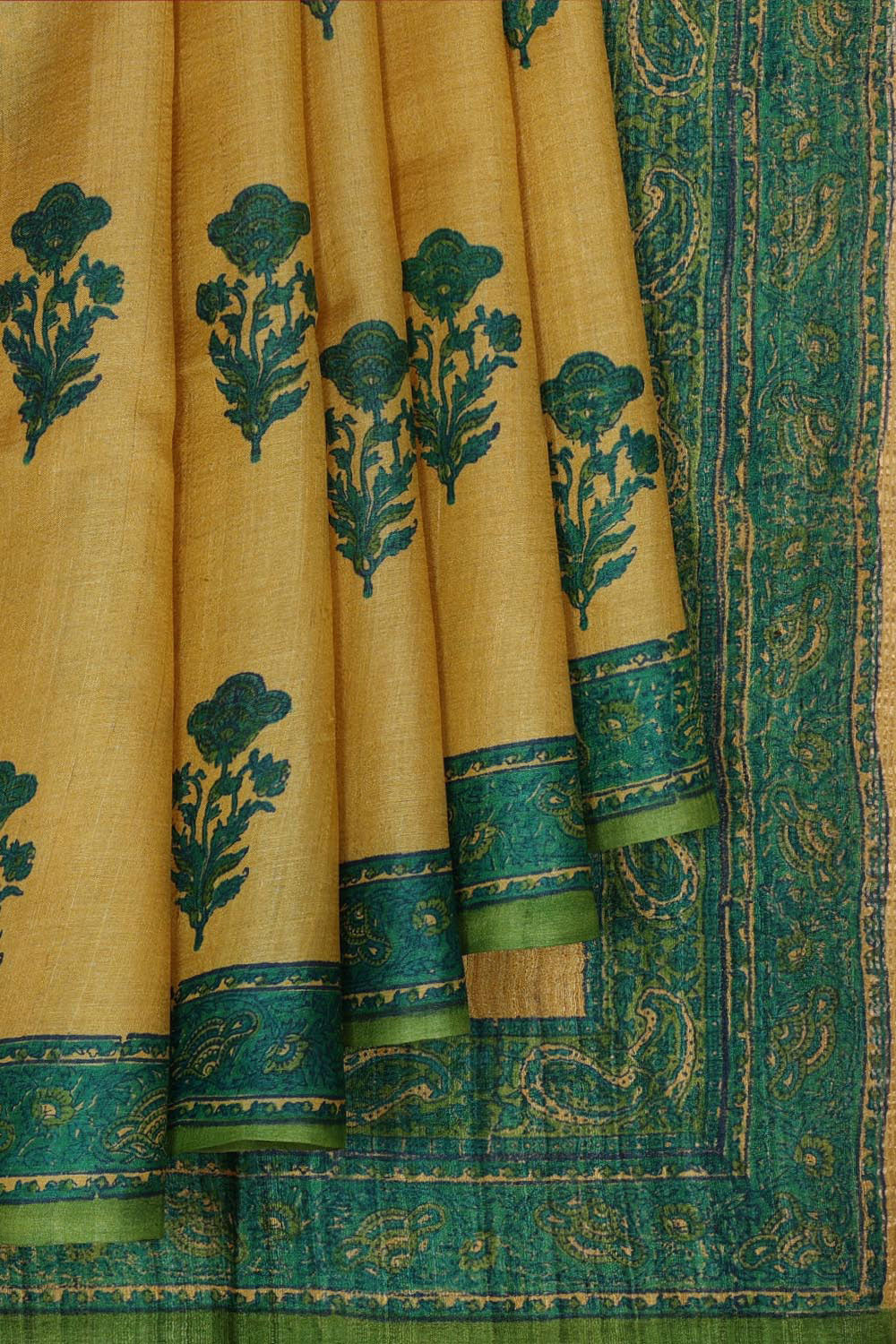 Collection of Lime-Yellow Tussar Silk Mughal Flower Print Saree in a gallery layout